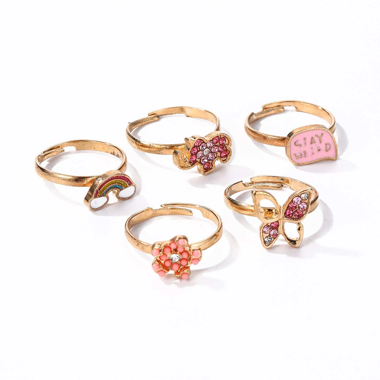 Cute Butterfly-Shaped Alloy Ring Set for Kids with Enamel Finish and Rhinestone Inlay Adjustable Children's Jewelry
