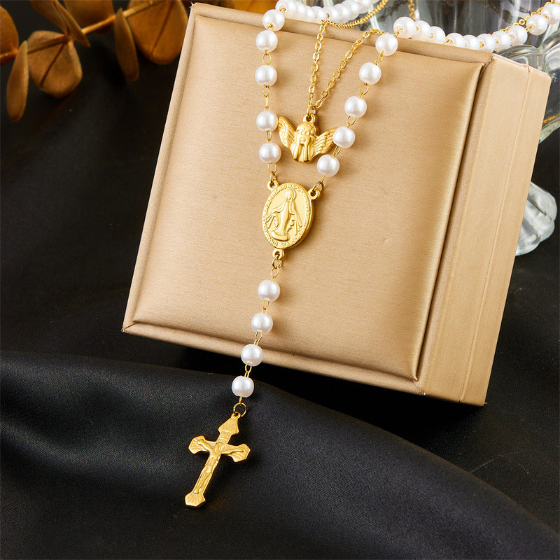 Collar de acero inoxidable con cruz, perlas y borla de estilo vintage para mujer