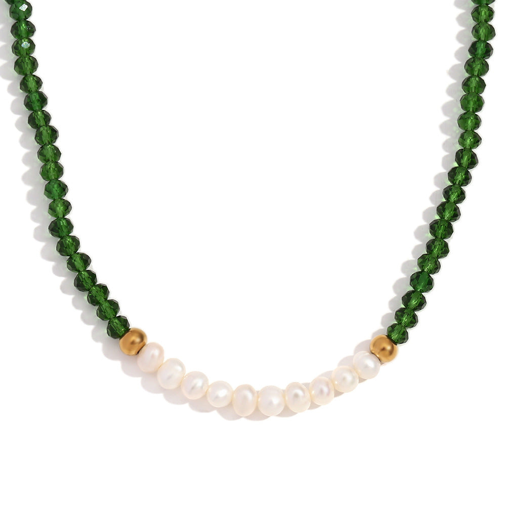 Minimalist Geometric Stainless Steel Pendant Necklace with Ten Freshwater Pearls and Green Faceted Crystals, Electroplated Finish