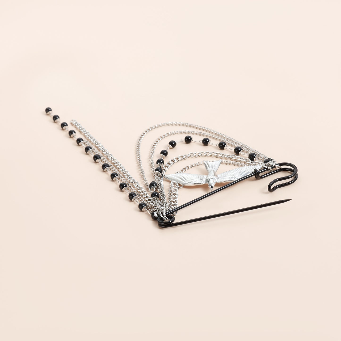 Fashion Geometric Alloy Plated Brooch with Black Beaded Tassel and Multi-layer Chain for Women