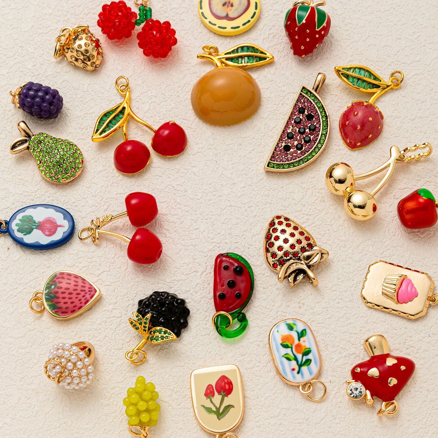 Sweet Brass Fruit Pendant Necklace with Cherry, Pineapple, Orange, Strawberry and Pear Charms