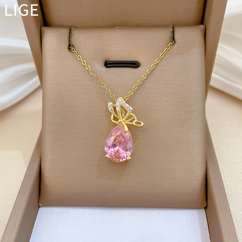 Sweet Butterfly Teardrop Rhinestone Plated Titanium Steel Necklace for Women and Men