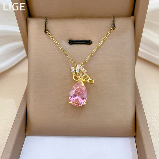 Sweet Butterfly Teardrop Rhinestone Plated Titanium Steel Necklace for Women and Men