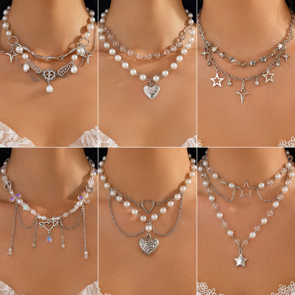 Sweet and Edgy Heart Star Pendant Necklace with Tassels for Women Alloy Chain with Pearl-Like Beads