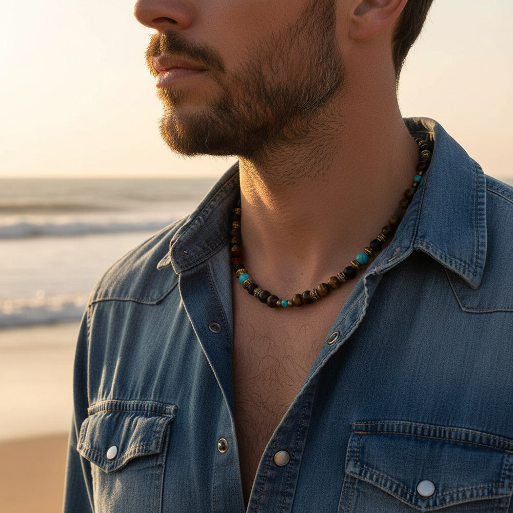 Casual Geometric Glass Bead Necklace with Agate and Turquoise Accents for Unisex
