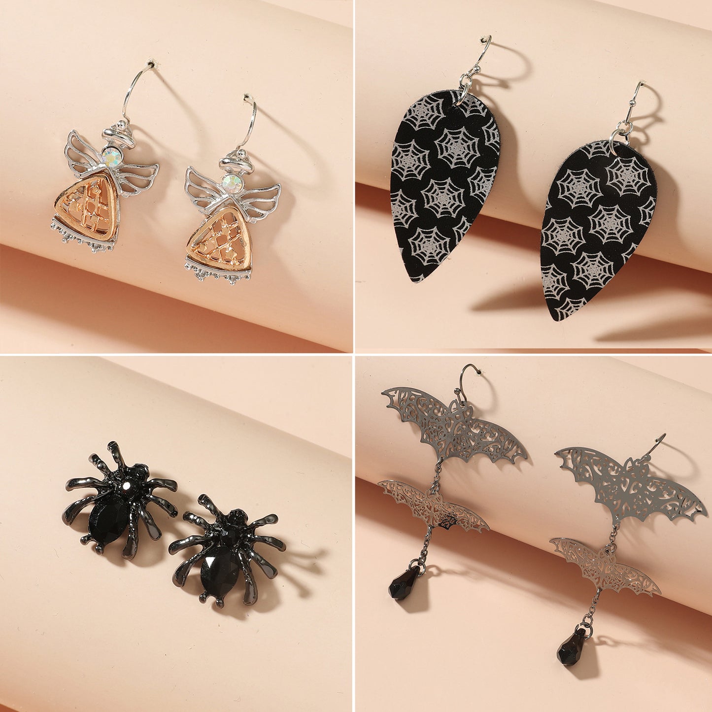 Pendientes de Araña y Calavera con Temática de Halloween y Motivo de Calabaza en Aleación con Acabado Chapado en Oro para Uso Unisex