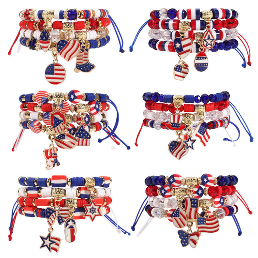 Pulsera Ajustable Tejida con Bandera Estadounidense Patriótica con Dijes de Corazón, Estrella, Mariposa y Cristal Redondo, Colores Rojo, Blanco y Azul, Joyería Unisex