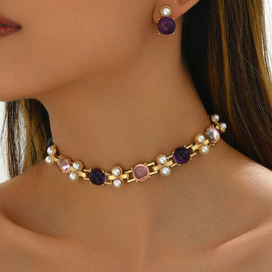 Sweet Fresh Geometric Pendant Necklace and Stud Earrings Set in Copper with Gold-Plated Rhinestone Inlay