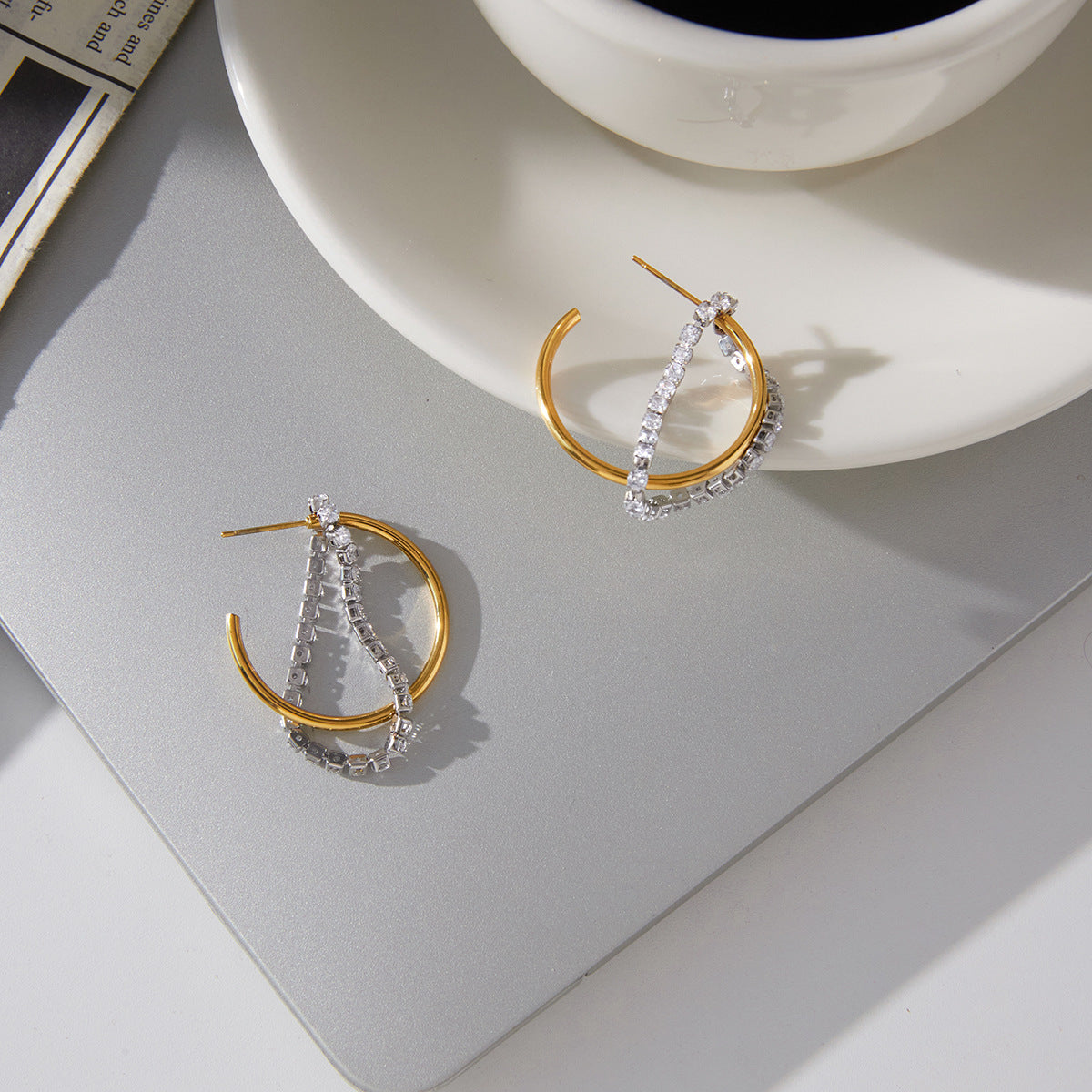 Elegant Geometric Stainless Steel Plated Cubic Zirconia Tassel C-Hoop Earrings for Women