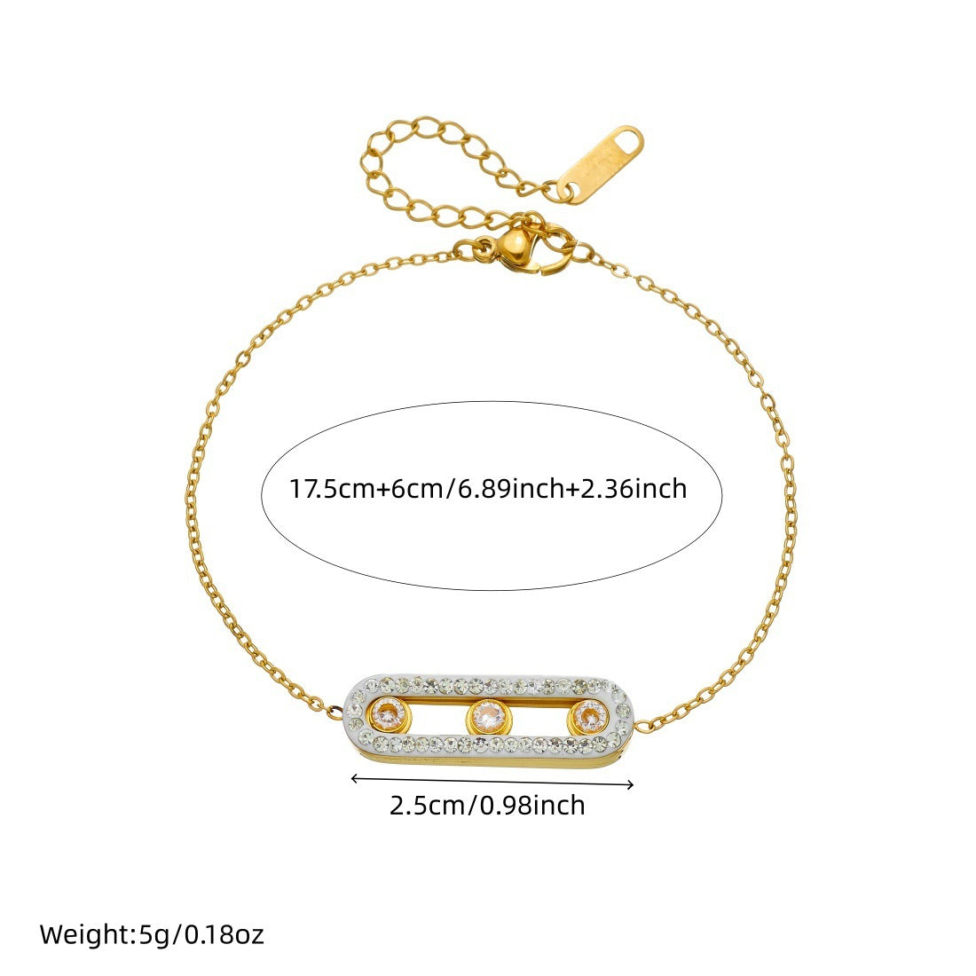 Minimalist Gold Plated Geometric Rectangle Rhinestone Pendant Stainless Steel Bracelet for Women
