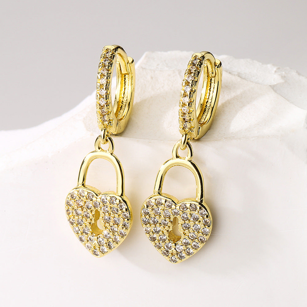 Orecchini minimalistici in rame a forma di cuore, placcati in oro 18 carati con zirconi, da donna