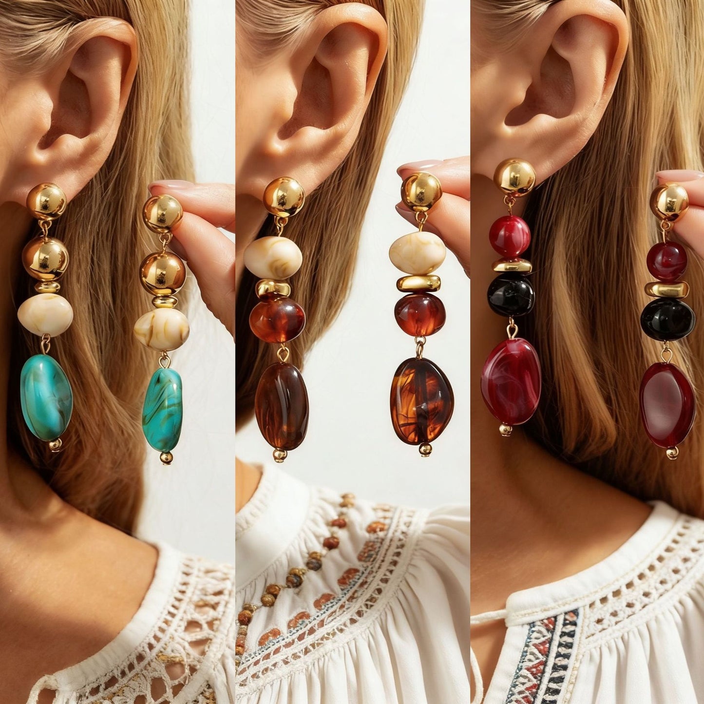 Orecchini Pendenti Vintage da Donna con Forme Geometriche Irregolari in Resina e Elementi Rotondi e Ovali Sfumati Ambra