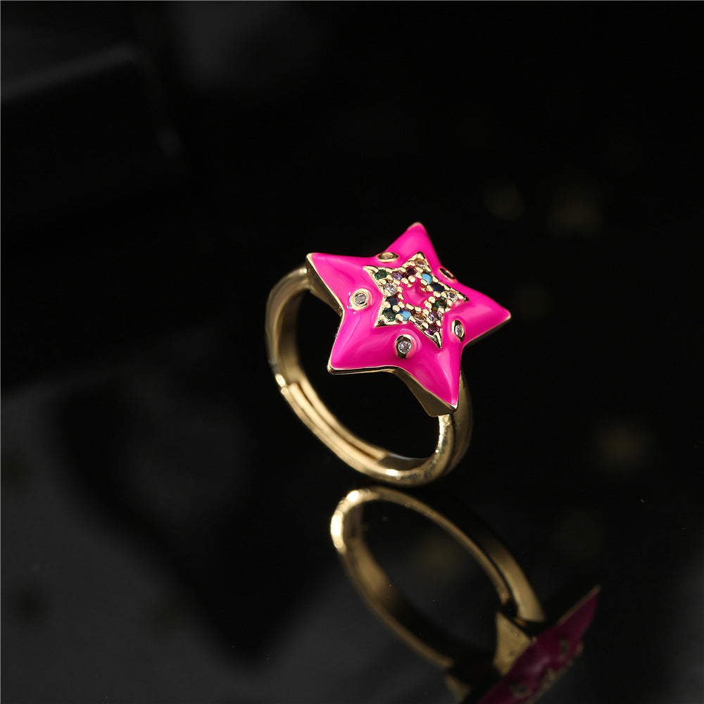 Fashion 18K Gold Plated Brass Drip Oil Cubic Zirconia Star Ring for Women