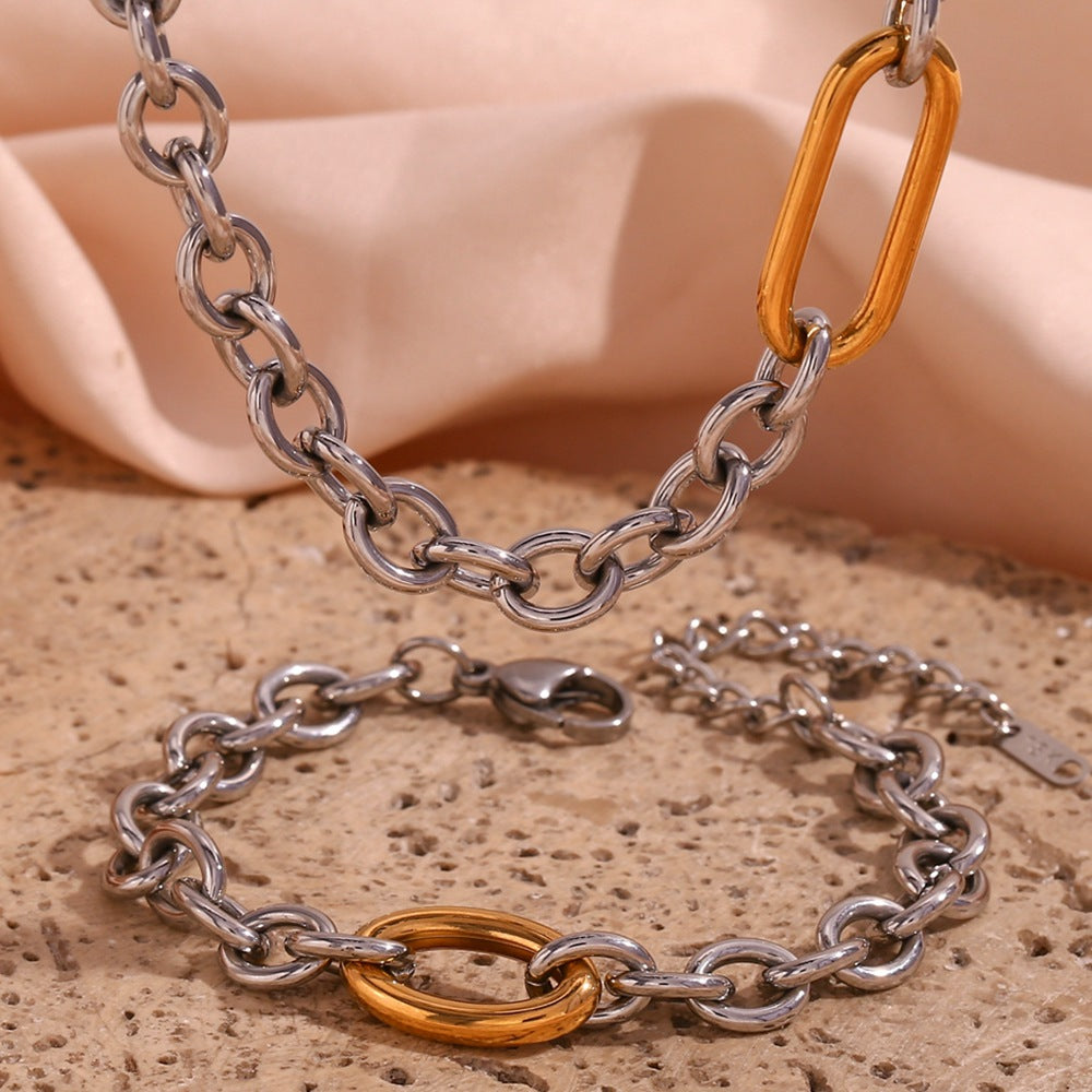 Minimalist Geometric Stainless Steel Necklace Set with 18K Gold Plated O-Chain and Matching Bracelet for Women