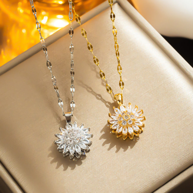 Luxury Rotating Sunflower Pendant Necklace in Titanium Steel with Full Rhinestone Inlay for Women, Delicate Clavicle Chain with Wavy Link Design