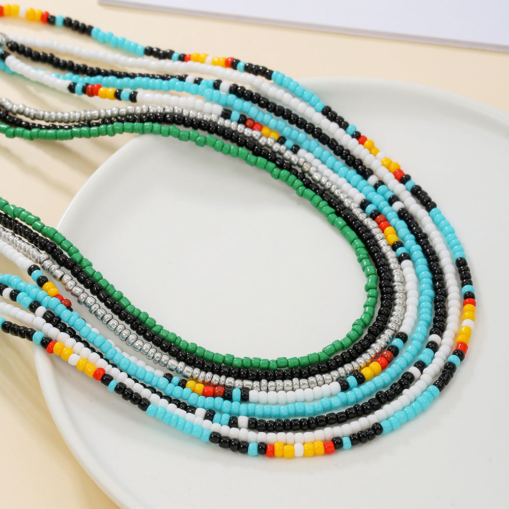 Bohemian Casual Geometric Round Glass Bead Stainless Steel Ball Chain Necklace for Women