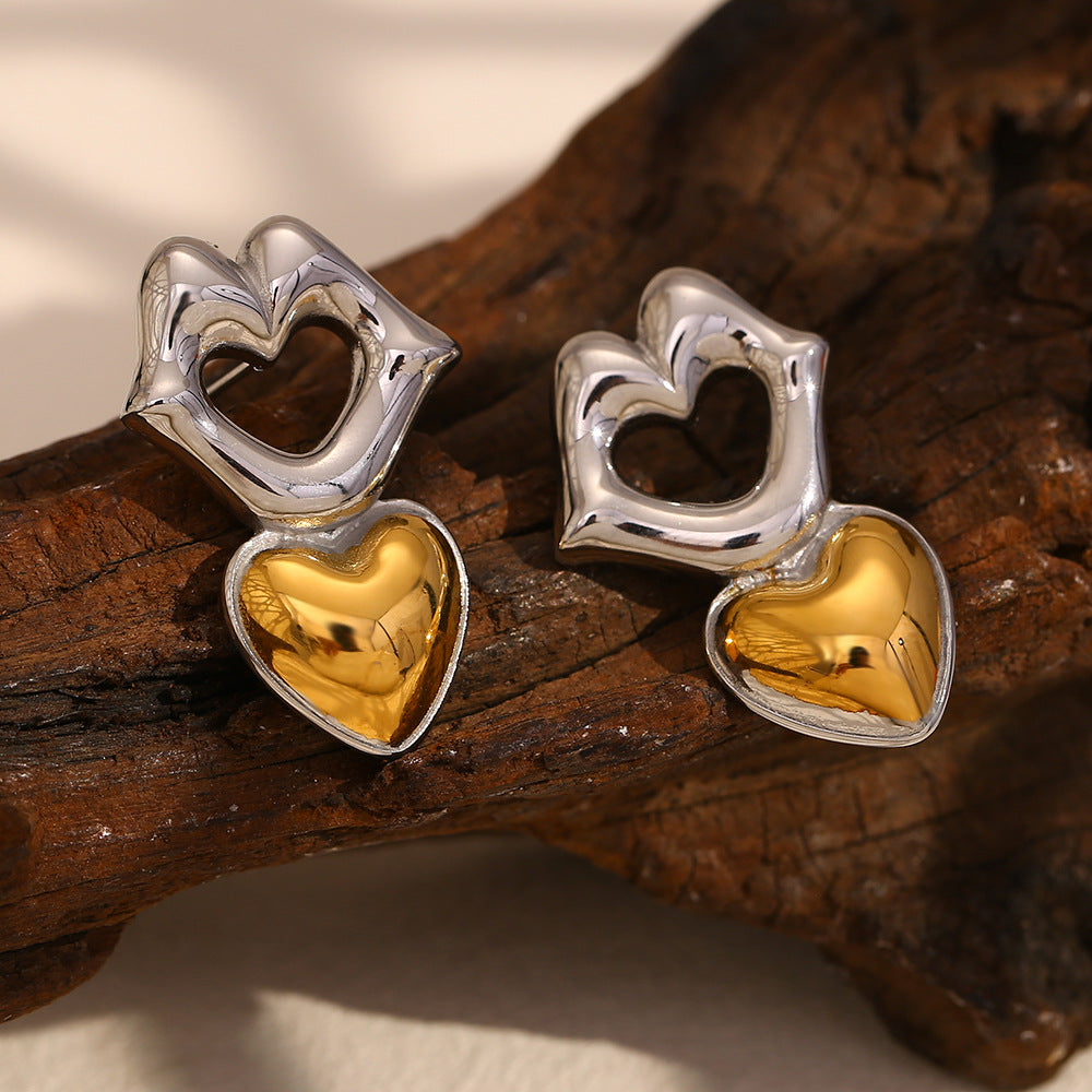 Orecchini a perno geometrici minimalisti di moda in acciaio inossidabile con labbra e cuore placcati oro 18K per donna