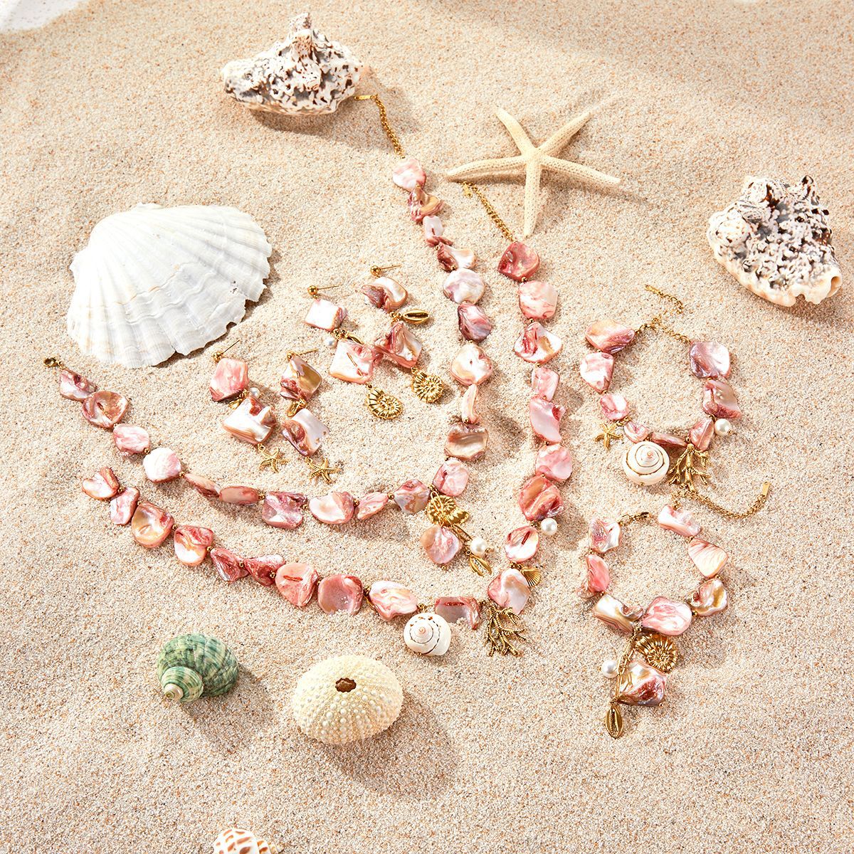 Fashionable Ocean-Themed Stainless Steel Plated Clavicle Necklace Set with Starfish and Coral Motifs for Women