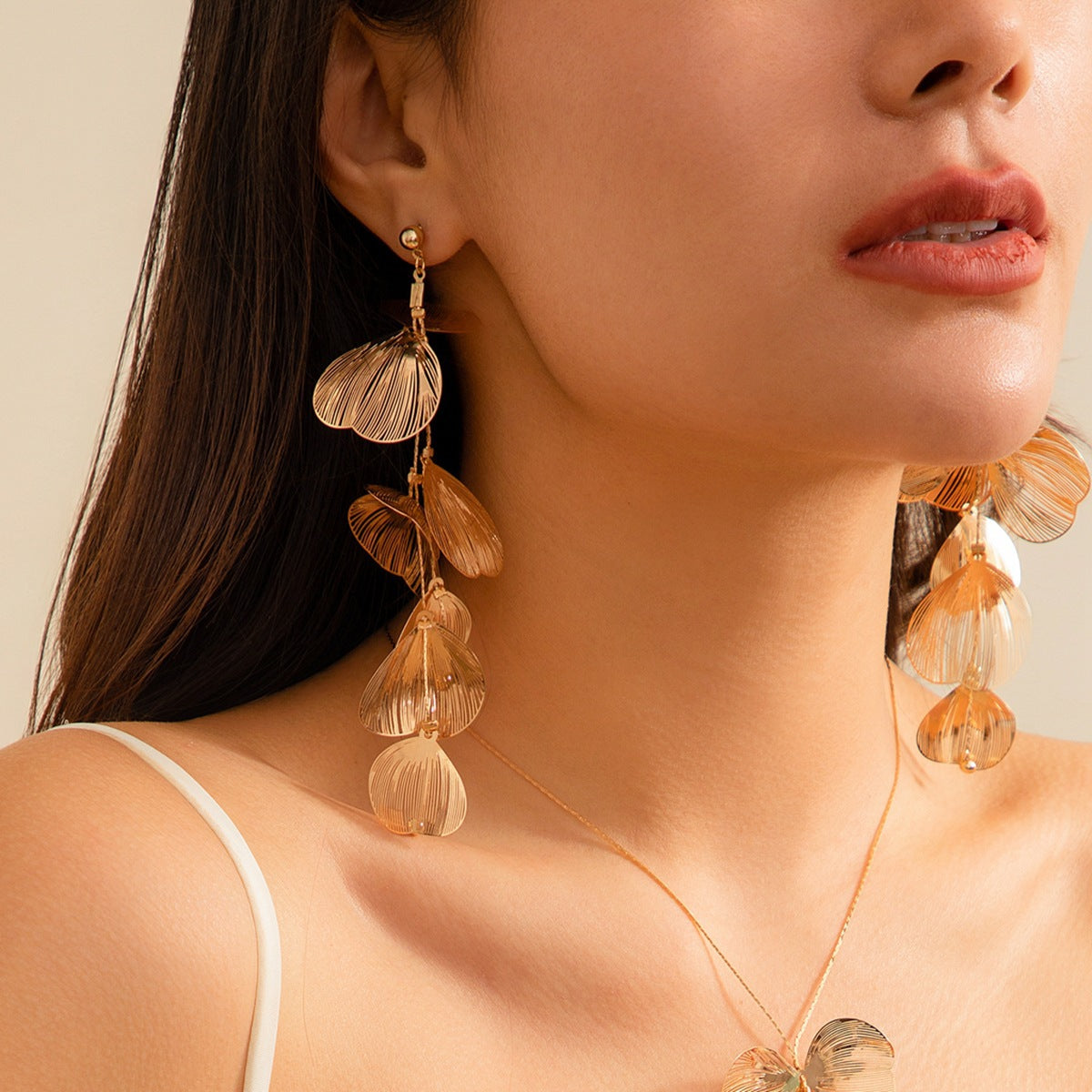 Sweet and Edgy Silver-Ginkgo Leaf Floral Geometric Stud Earrings with Pearl-Like Dangling Accents