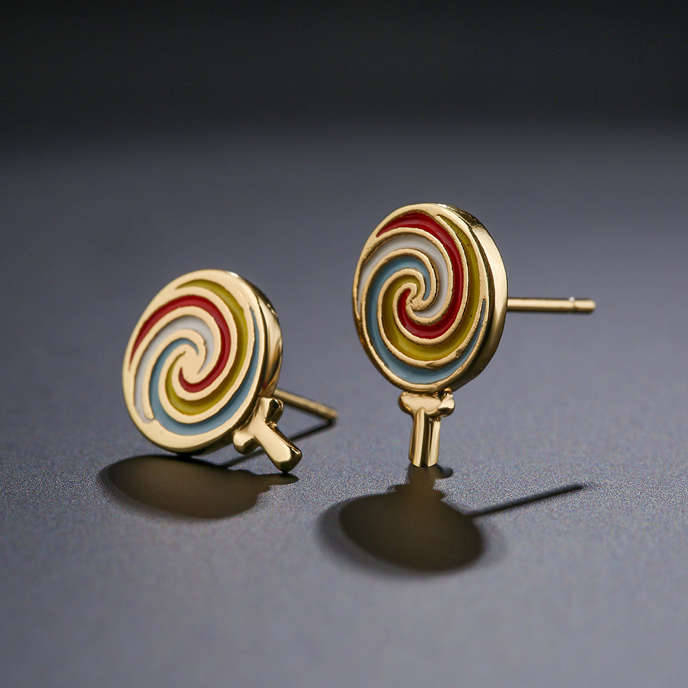 Sweet Cute Geometric Copper Earrings with 18K Gold Plating and Enamel Zircon Star Moon Candy Design for Women