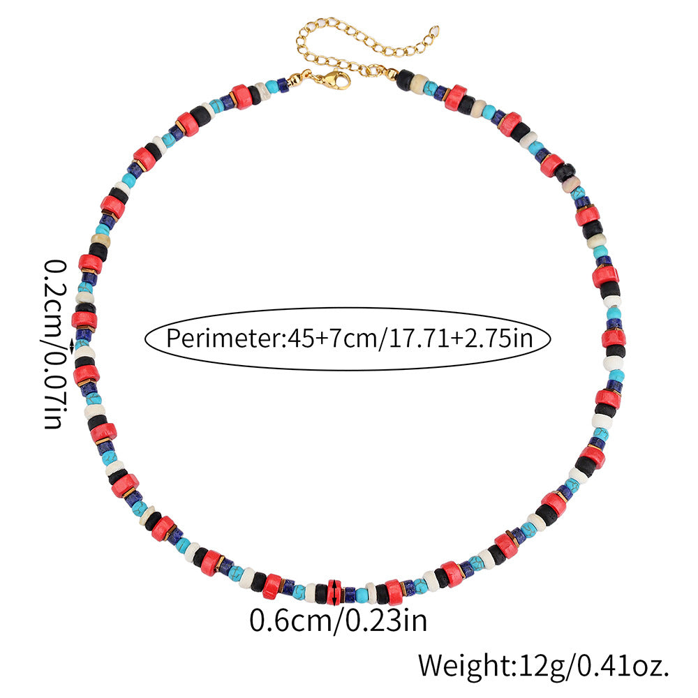 Handmade Geometric Wood and Turquoise Beaded Necklace with Cable Chain for Unisex Summer Beach Wear