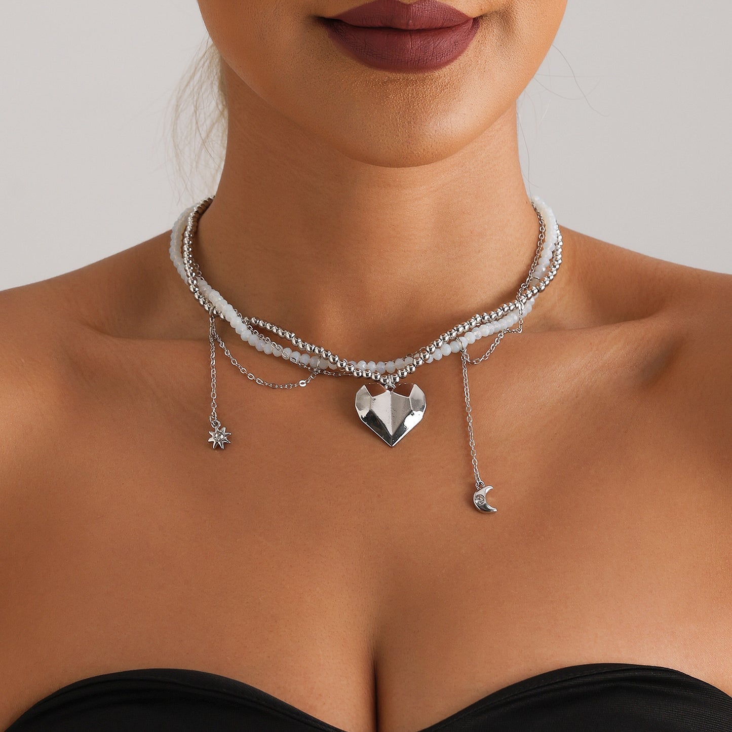 Collar con colgante minimalista de luna y estrella con borla, cadena de aleación, acabado galvanizado, para mujer