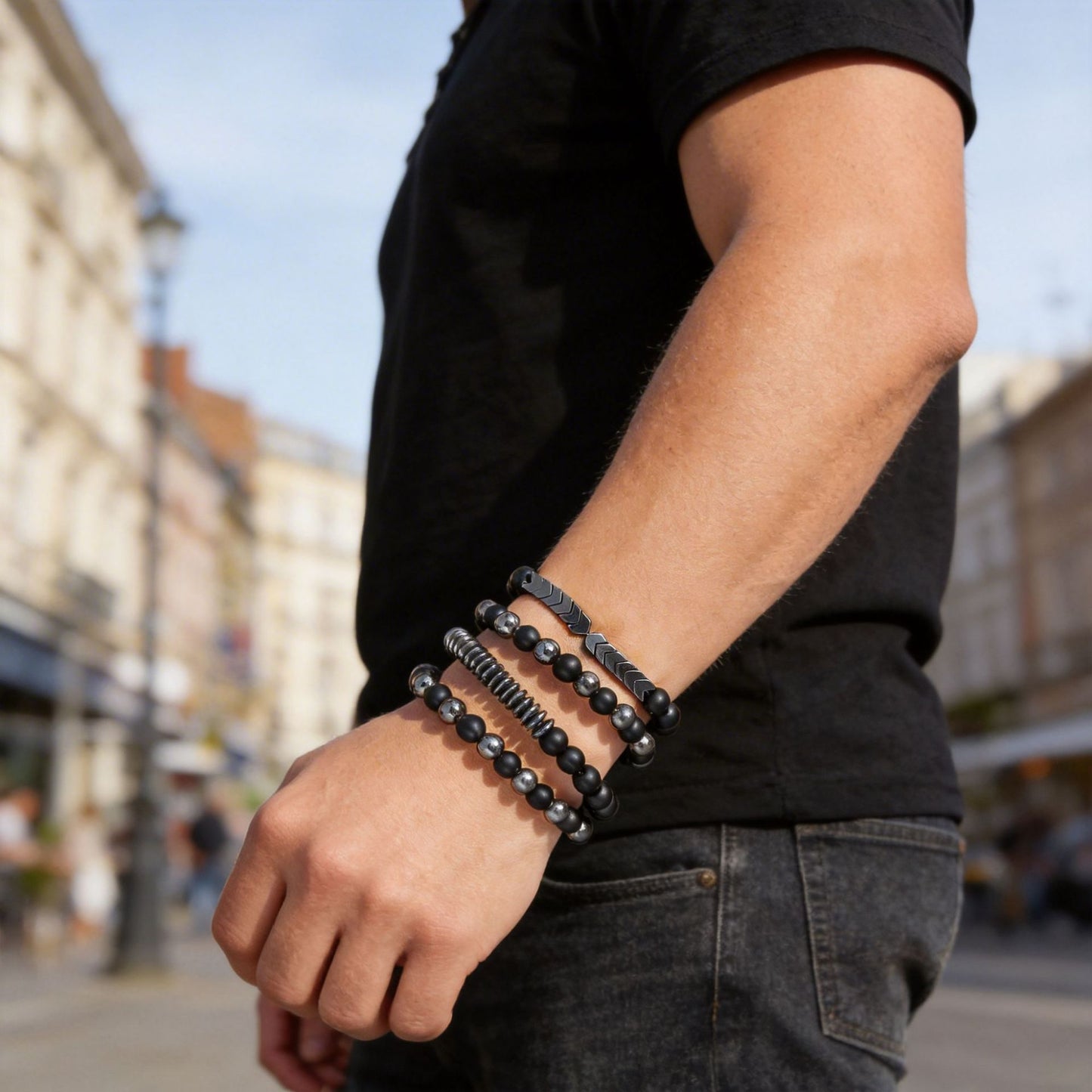 Handmade Geometric Round Hematite Beaded Bracelet Set for Unisex