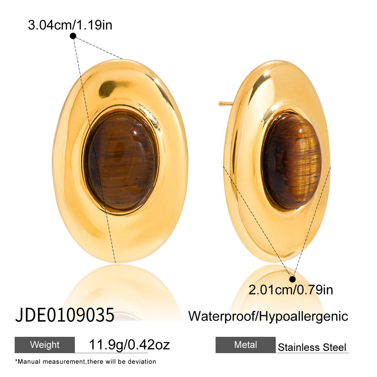 Aretes de tuerca ovalados geométricos minimalistas de lujo con ojo de tigre, chapados en oro de 18 quilates, acero de titanio para mujer