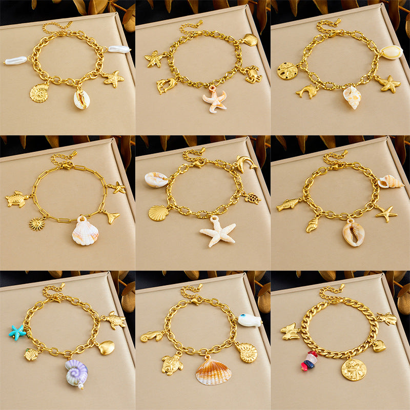 Fashion Gold Plated Stainless Steel Animal Crab Starfish Sea Creature Charm Bracelet for Women