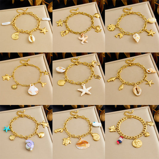 Fashion Gold Plated Stainless Steel Animal Crab Starfish Sea Creature Charm Bracelet for Women