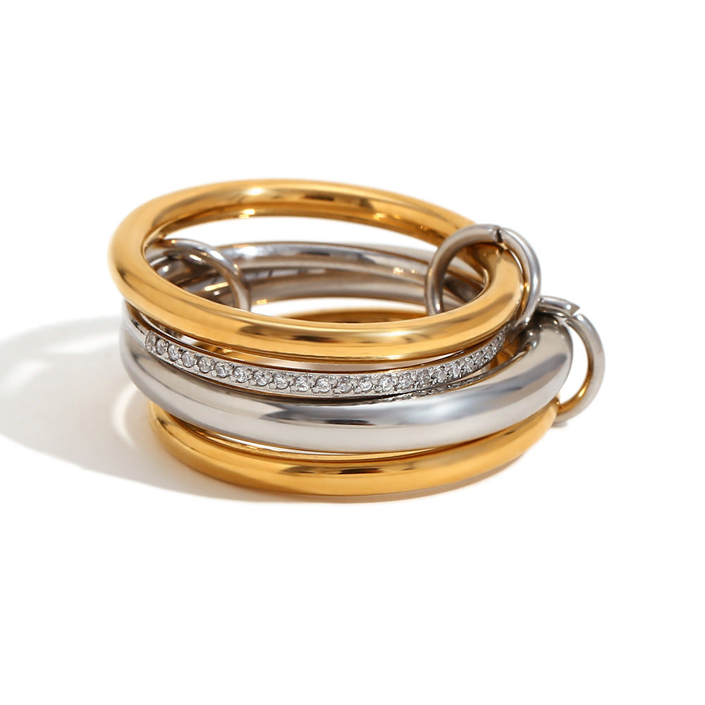 Anello in acciaio inossidabile geometrico creativo con placcatura in oro 18 carati e strass centrale da donna