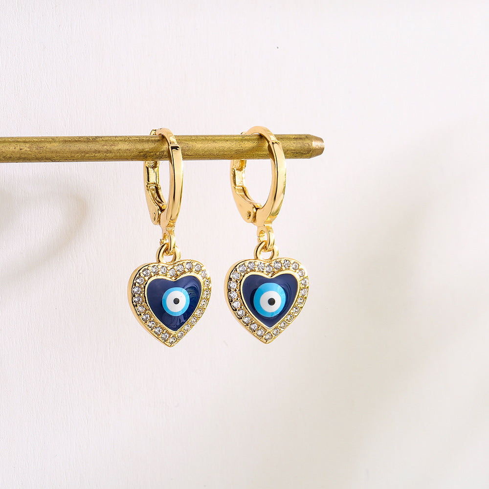 Casual Geometric Eye-Shaped Earrings for Women in Copper with Real Gold Plating and Zircon Inlay Enamel Finish