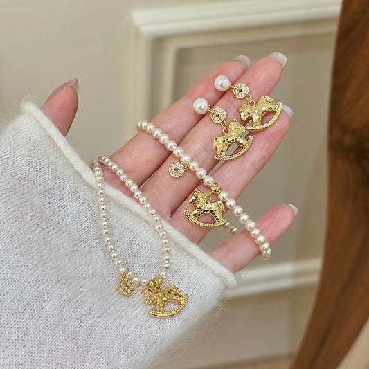 Luxury Style Plated Alloy Zodiac Horse Pendant Necklace Set with Pearl-Style Earrings and Bracelet for Women