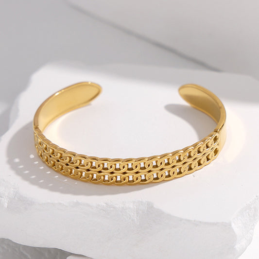 Bracciale placcato in acciaio inossidabile geometrico da donna con design traforato e dettaglio catena