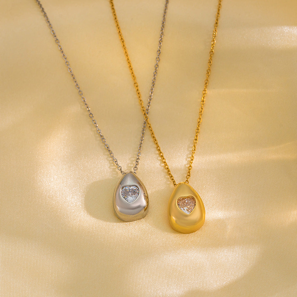 Minimalist Geometric Teardrop Pendant Necklace for Women Titanium Steel Snake Chain with Rhinestone Inlay and Vacuum Plating Finish