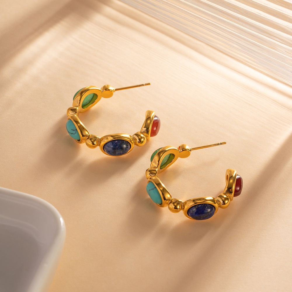 Orecchini geometrici a C in acciaio inossidabile placcati oro 18 carati con intarsio in pietra naturale da donna
