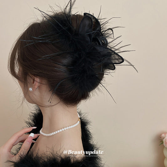 Horquilla de doble cara con orejas de conejo y plumas para mujer, con red de tul, accesorio para el cabello grande de moda de otoño e invierno para recogidos y peinados
