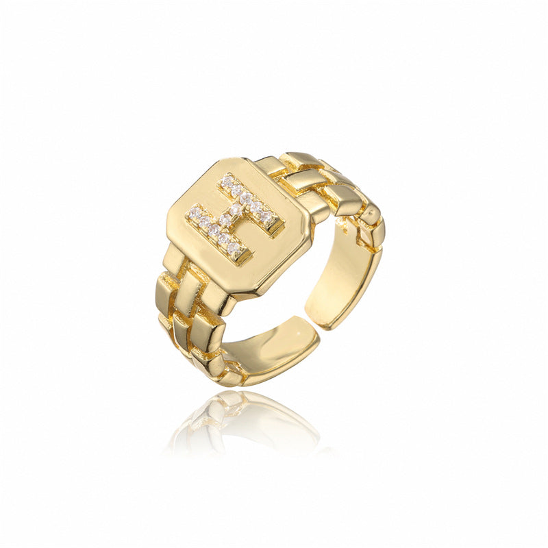 Minimalist Adjustable Open Ring with 18K Gold Plated Copper Band and AAA Zircon Letters Design