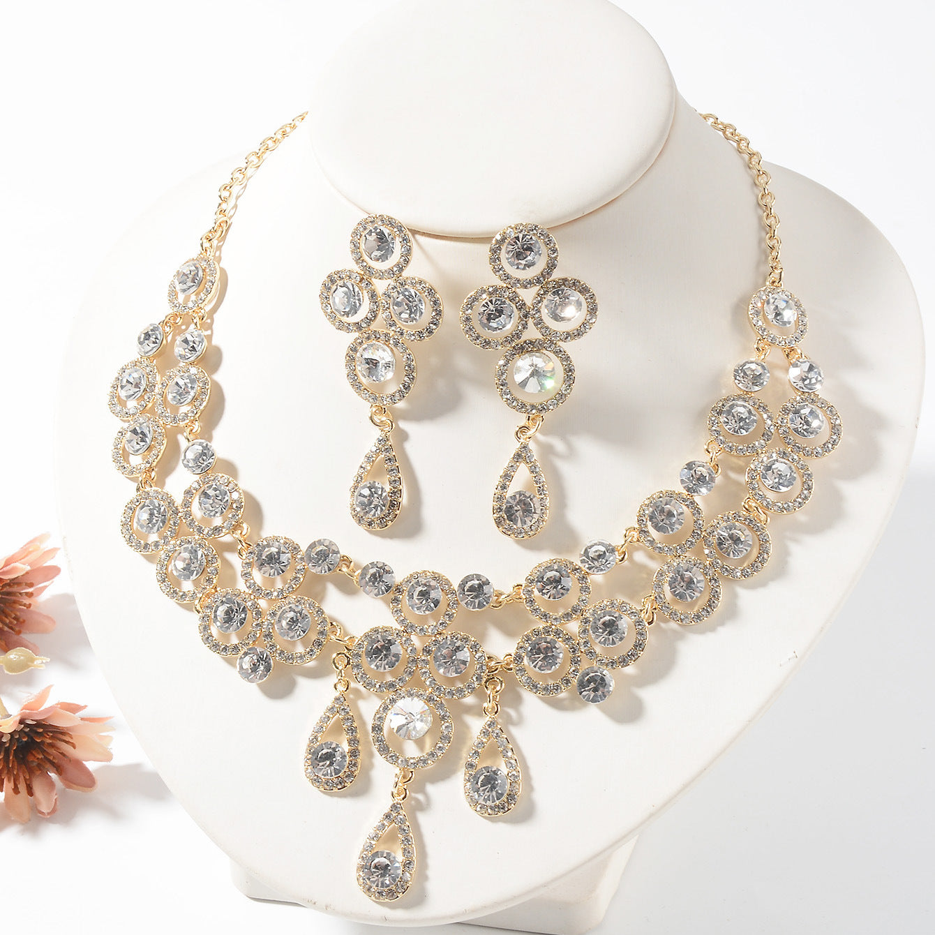 Vintage Baroque Floral Plated Alloy Ball Chain Necklace and Earring Set for Women