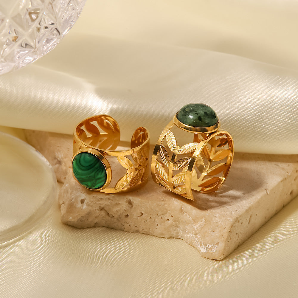 French Style 18K Gold Plated Stainless Steel Hollow Leaf Ring with Green Turquoise and Malachite