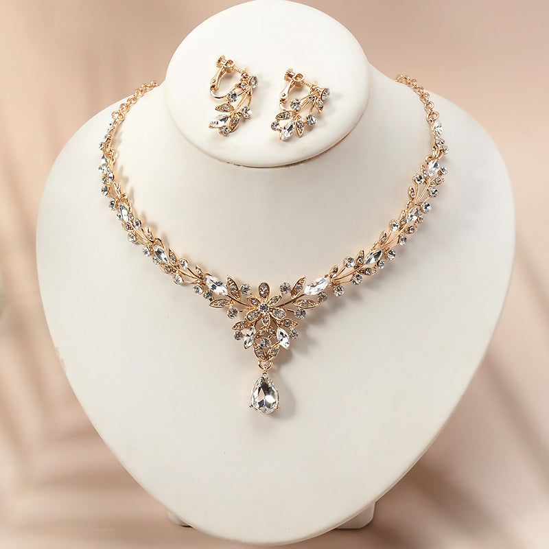 Elegant Gold Plated Alloy Rhinestone Floral Necklace and Earring Set for Women