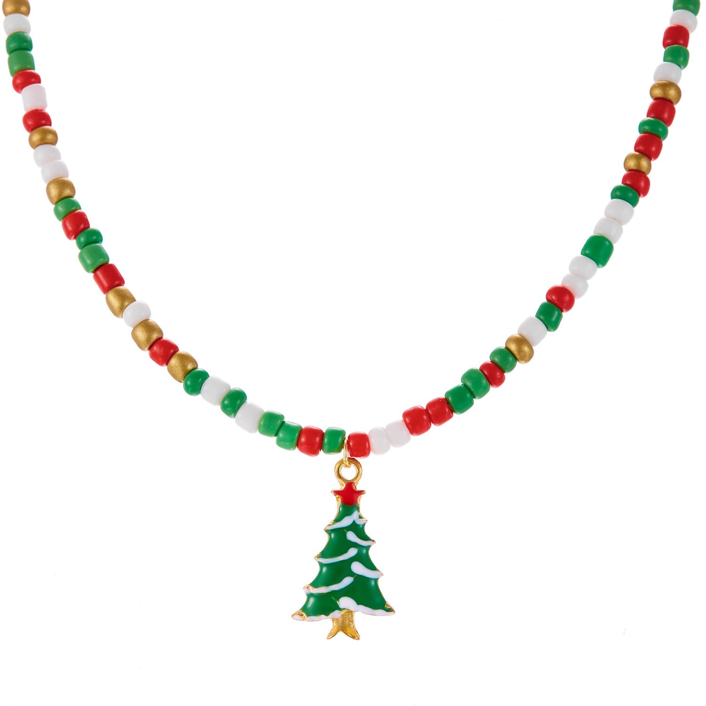 Collana alla moda con ciondoli a forma di albero di Natale e Babbo Natale, finitura smaltata, catena di perline, da donna