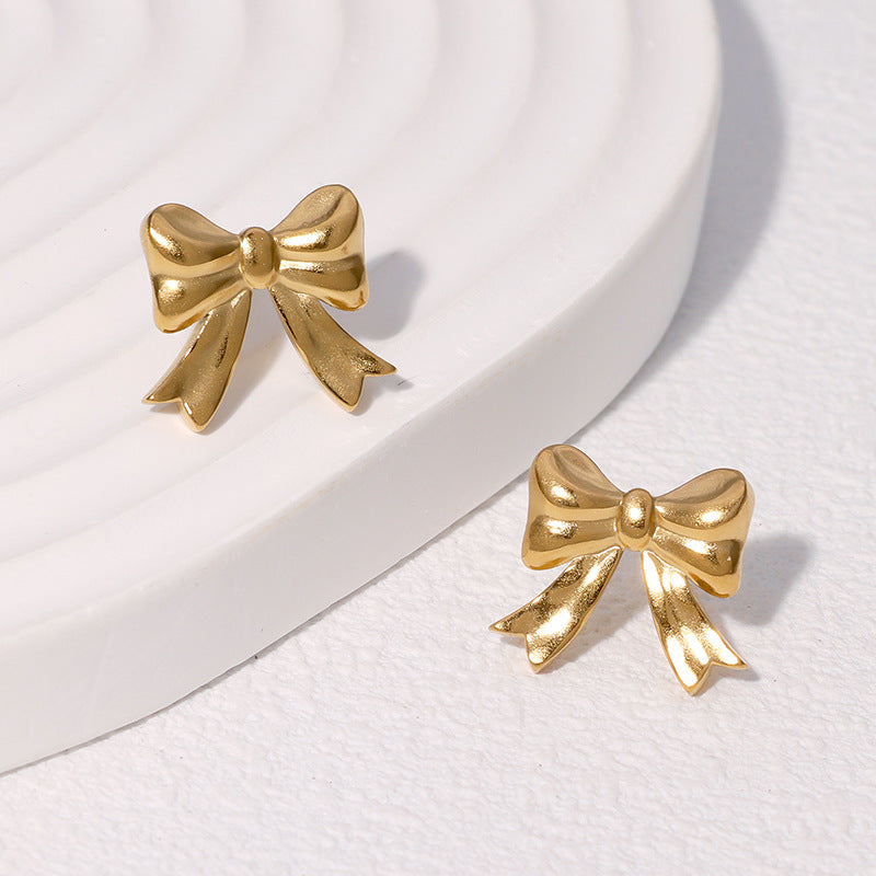Minimalist Bow-Shaped Stainless Steel Stud Earrings for Women with Plated Finish, Lightweight and Fade-Resistant