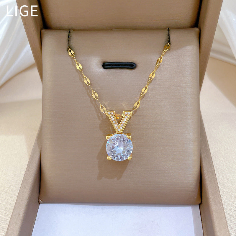 Sweet Minimalist Geometric V-Shape Cubic Zirconia Titanium Steel Necklace for Unisex