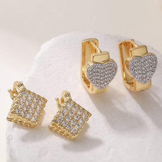 Minimalist 18K Gold Plated Brass Geometric Heart Earrings with Cubic Zirconia for Women