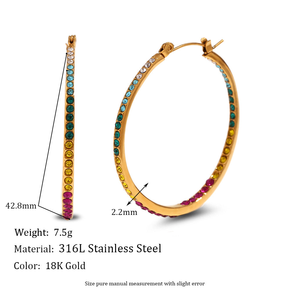 Minimalist Geometric Stainless Steel Earrings with 18K Gold Plating and White Rhinestone Inlay for Women