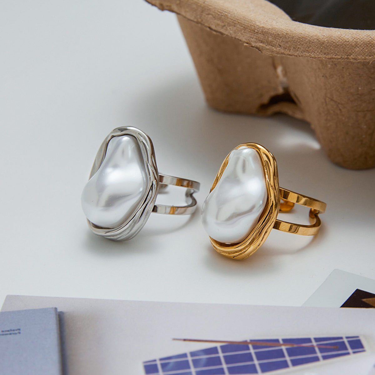 Fashion Geometric Oval Baroque Pearl Plated Titanium Steel Ring for Women