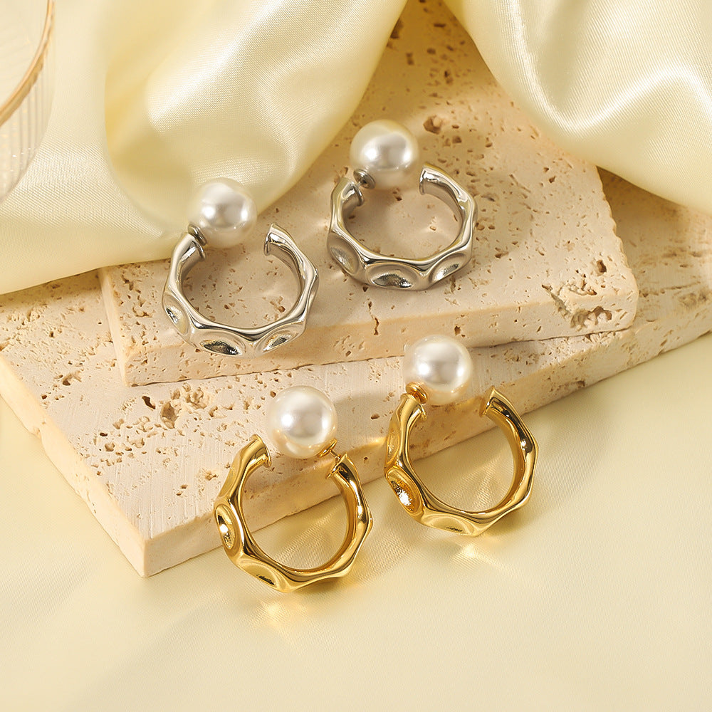 Minimalist Geometric Stainless Steel Ear Cuffs with 18K Gold Plating and Pearl Inlay for Women