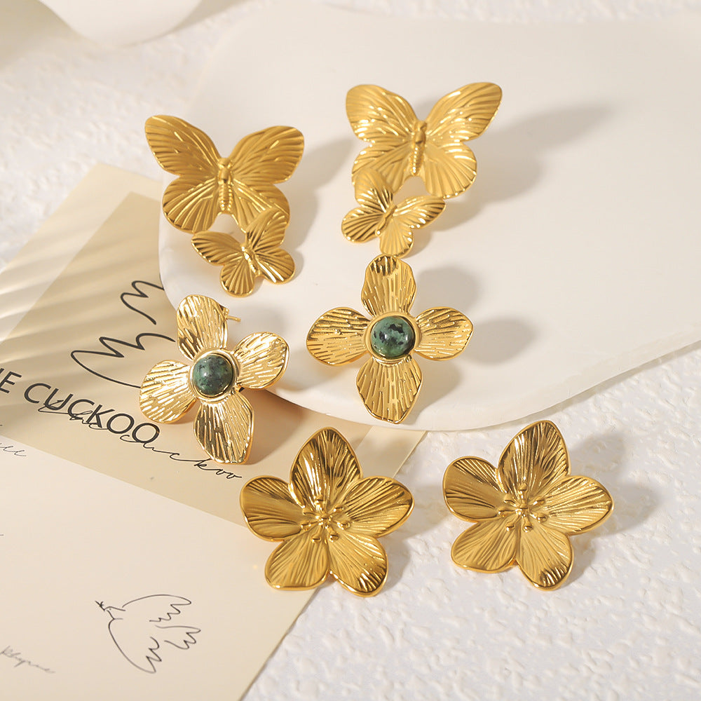 Vintage-Style Butterfly-Shaped Stainless Steel Earrings with 18K Gold Plating for Women