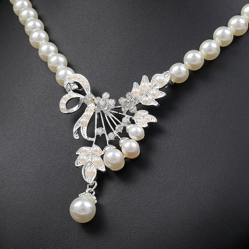 Chic Pearl-Embellished Alloy Drop-Shaped Floral Necklace and Earrings Set for Women with Tulip Peony and Wheat Motifs